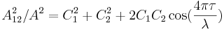 A^2 _{12} / A^2 = C _1 ^2 + C _2 ^2 + 2 C _1 C _2 \cos ( \frac{4 \pi \tau}{\lambda} ) 