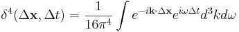 \delta^4(\Delta \mathbf{x},\Delta t) = \frac{1}{16\pi^4} \int{e^{-i\mathbf{k}\cdot\Delta \mathbf{x}}e^{i\omega \Delta t}d^3k d\omega}