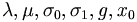 \lambda, \mu, \sigma_0, \sigma_1, g, x_0 \quad